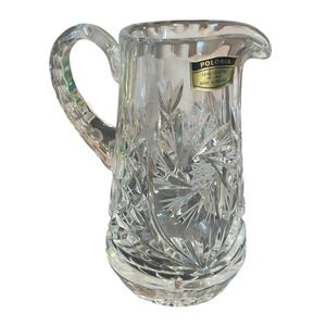 Vtg Lead Crystal Glass Pitcher Poland Polonia 24% PBO Etched 5" w Tag Pinwheel